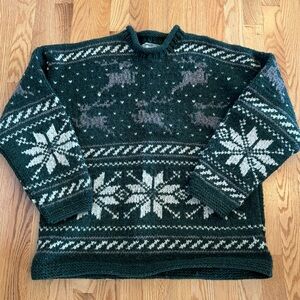 Unisex Holiday Sweater- Forest Green with snowflakes and reindeer.